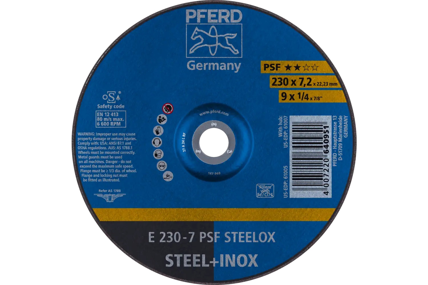 Picture of Pferd Grinding Wheel, 9" X 1/4 X 7/8, Psf Steelox, T27, Aluminum Oxide